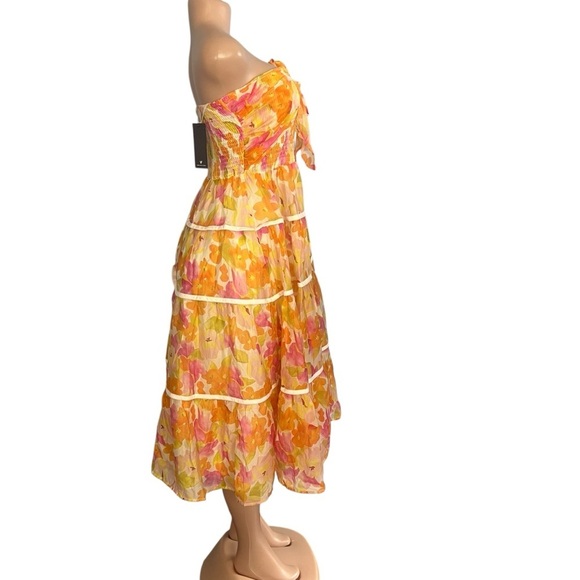 Lulus Sunlight Aura Orange Floral Strapless Tiered Midi Dress - Picture 8 of 11